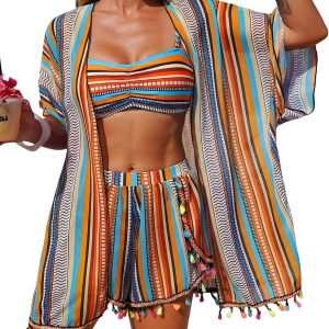 Women's Striped Bikini Set with Cover Up